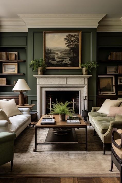 Continental Interior Design, Federalist Style Decor Interior Design, Fancy Cozy Living Room, Green Painted Paneling, Living Rooms With Paneling, Forest Green Fireplace, Womens Sitting Room Ideas, Tv Above Piano Living Rooms, Mustard Fireplace