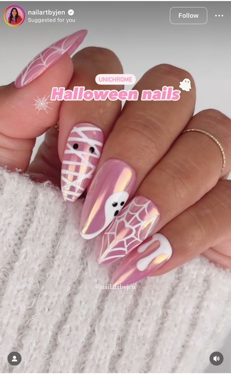 Cute Girly Halloween Nails, Coquette Halloween Nails, Halloween Nails Classy, Pink Ghost Nails, Girly Halloween Nails, Halloween Nails Pink, Ongles Halloween, Glazed Nails, Pink Halloween Nails