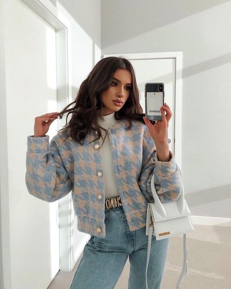 Blue Houndstooth Long Sleeve Outerwear, Blue Long Sleeve Outerwear With Houndstooth Pattern, Chique Outfits, Fashion Weeks, 가을 패션, Looks Style, Mode Inspiration, Preppy Outfits, Winter Fashion Outfits