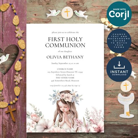 First Communion Invitations Templates, Communion Invitations Girl, Holy Communion Invitations, First Communion Invitations, Communion Invitations, Electronic Invitations, First Holy Communion, Holy Communion, Font Styles