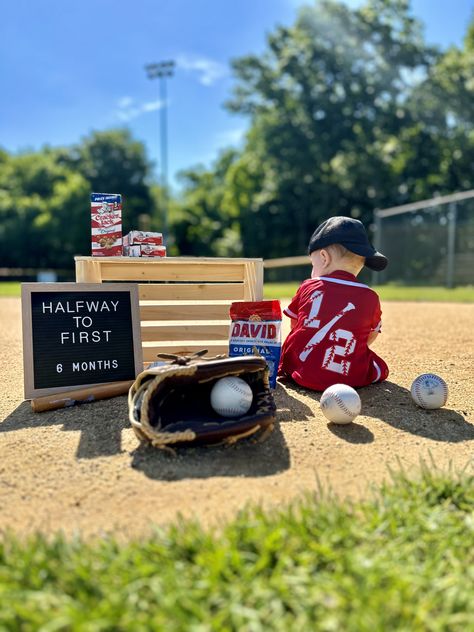 Half Birthday Baseball Theme, Halfway To First Baby Photoshoot, Half Way To First Birthday Baseball, Half Way To One Photoshoot Ideas, Baseball Half Birthday, Halfway To One Photoshoot, Half Way To First, Milestones Quotes, Milestone Ideas