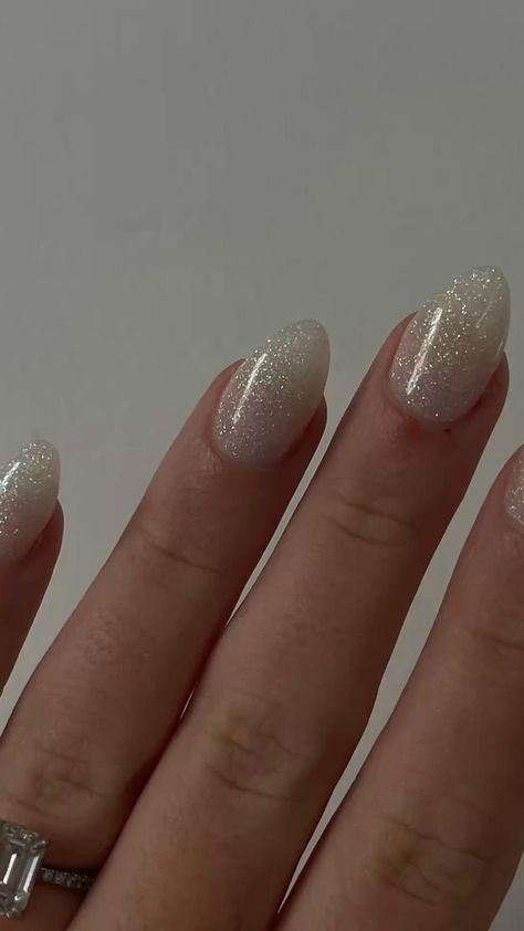 Sparkly Cream Nails, Winter Nails Silver, Milky Nails With Glitter, New Years Eve Nails Ideas Sparkle, Simple Rhinestone Nails, Simple New Years Nails, Hoco Nails, Silver Glitter Nails, Milky Nails