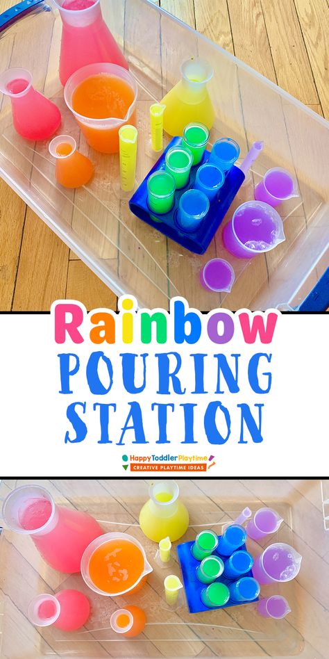 Rainbow Pouring Station Sensory Bin for Kids - HAPPY TODDLER PLAYTIME Pouring Station, Rainbow Lessons, Kids Sensory Activities, Sensory Activities For Preschoolers, Toddler Sensory Bins, Rainbow Activities, Sensory Activities Toddlers, Preschool Colors, Toddler Sensory