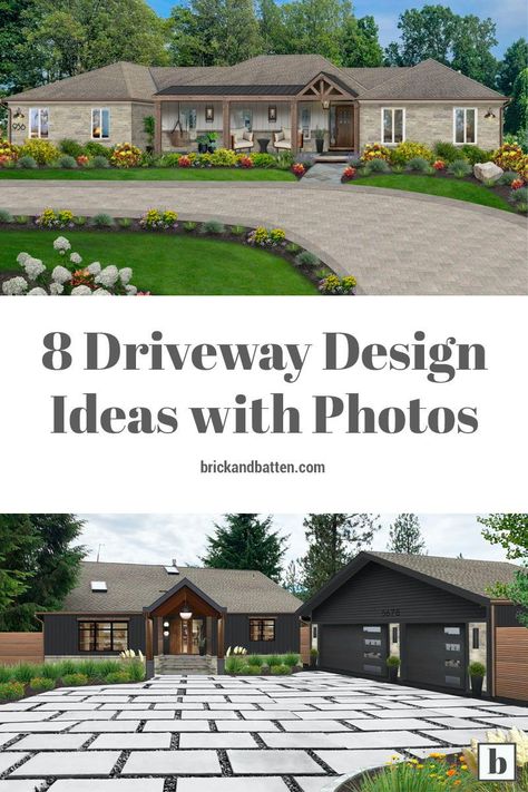 At brick&batten, our designers believe #driveways are so much more than a place to park your car. They are an exterior design element. Driveways are often the gateway to your home’s walkway and entryway. They are an opportunity (that is missed far too often) to elevate your home’s entire aesthetic. In the examples detailed below, we outline some of our favorite #drivewaydesign ideas to help get you thinking about your own driveway in a new way. #exteriordesign #drivewayideas U Shape Driveway Landscaping, Driveway Design Ideas, Circle Driveway Landscaping, Front Driveway Ideas, Front Yard Design Ideas, Garden Home Ideas, Yard Design Ideas, Parking Plan, Yard Landscape Ideas