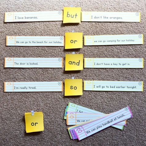 Work on Compound Sentences with this hands on activity. Students pick the two sentence cards with the same number. They read the two… Conjunctions Activities, Sentence Activities, Compound Sentences, Miss D, Go To Bed Early, English Teacher, Hands On Activities, Classroom Organization, The Two