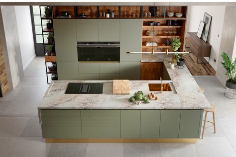 https://www.life-kitchens.co.uk/life-style/trending-in-the-kitchen-vivid-and-luxe Kitchen Triangle, Handleless Kitchen, Green Bar, London Kitchen, Kitchen Dresser, Life Kitchen, Kitchen Images, Big Kitchen, Best Kitchen Designs