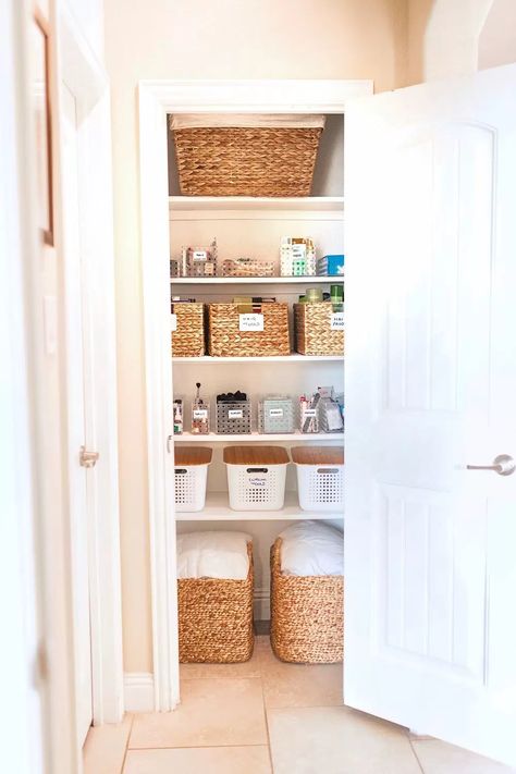 Bathroom Closet Organization Inspiration from Glamorous Versatility | Container Stories Bathroom Closet Designs, Bathroom Closet Organization Ideas, Hall Closet Organization, Linen Closet Makeover, Bathroom Linen Closet, Closet Transformation, Linen Closet Storage, Bathroom Closet Organization, Closet Organization Ideas