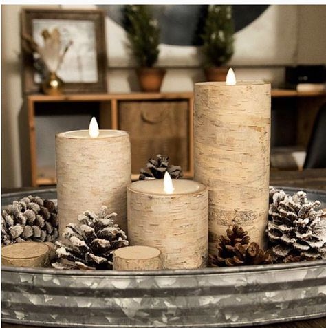 Decorating A Mobile Home, Candle Centerpieces For Home, Wood Candle Centerpiece, Birch Centerpieces, Tray With Flowers, Winter Tray, Future Christmas, Birch Tree Decor, Luminara Candles