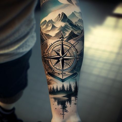 Another Life Tattoo, Mountain And Sea Tattoo Sleeve, Ecology Tattoo, Mens Tatoos Idea, Hiking Trail Tattoo, Mountain And Ocean Tattoo Men, Compass Sleeve Tattoo, Water Symbols Tattoo, Travel Tattoo Sleeve