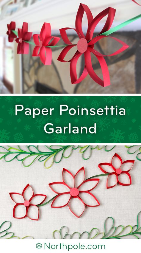 Paper Poinsettia Garland • Northpole.com Craft Cottage Paper Garland Template, Christmas Decor With Construction Paper, Paper Mistletoe Diy, Paper Holiday Decorations, Paper Garland Ideas Christmas, Christmas Party Backdrop Diy, Christmas Decor Paper Diy, Diy Poinsettia Decorations, Paper Decorations For Christmas