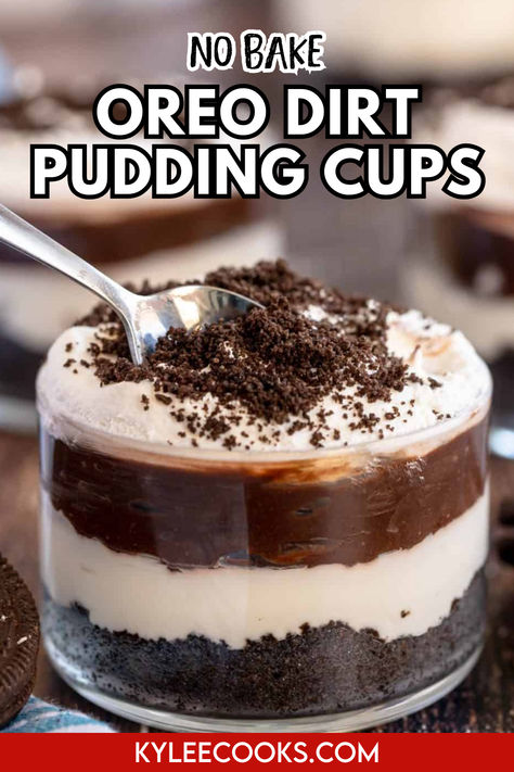 An image of oreo dirt pudding cups Oreo Desserts Easy Quick, Vanilla Dirt Pudding, Oreo Chocolate Pudding Dessert, Oreo Delight Dessert, Dirt Dessert Recipe, Oreo Pudding Dessert, Dirt Cups Dessert, Oreo Dirt Pudding, Dirt Pudding Cups