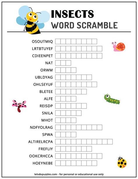 Insects Word Scramble Printable Scramble Words Game, Scramble Words Worksheet, Word Scramble Games For Adults, Insects Activities, Word Scramble For Kids, Word Unscramble, Word Puzzles For Kids, June Activities, Printable Activity Sheets