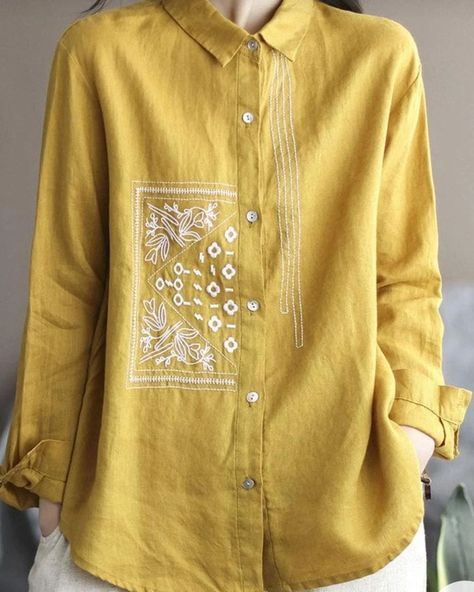 Embroidery Linen Shirt, Linen Shirts Women Tunic Tops, Embroidery Shirts For Women, Vintage Embroidery Designs, Long Shirts For Women, Women Shirt Designs, College Formal, Kurti Fashion, Embroidery Collar