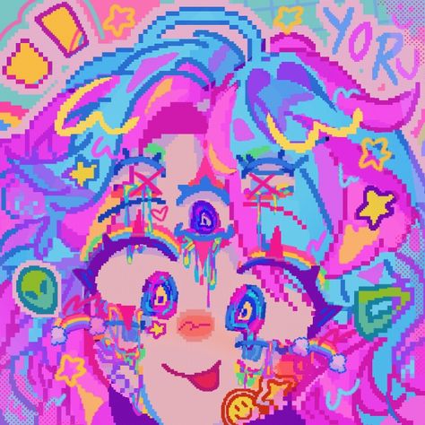 Colorful Art Digital, Pixel Candy Art, Vibrant Cartoon Art, Kidcore Pfp Aesthetic, Colourful Character Design, Rainbow Pfp Aesthetic, Eyestrain Pfp, Aesthetic Pfps For Discord, Kid Core Art