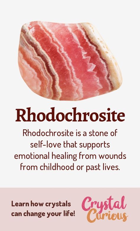 Rhodochrosite Meaning & Healing Properties. Rhodochrosite is a stone of self-love that supports emotional healing from wounds from childhood or past lives. Learn  crystal healing for beginners & all the gemstones properties at CrystalCurious.com. Explore new age spirituality and learn crystal therapy and chakra healing. #crystalhealing #crystals #gemstones #energymedicine #energyhealing #newage #crystalcurious Rodochrozit Crystal, Rhodochrosite Meaning, Crystal Rhodochrosite, Healing Childhood, Rhodochrosite Jewelry, Rhodochrosite Necklace, Energy Muse, Crystal Healing Chart, Crystal Uses