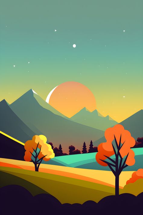 Japan Landscape Illustration, Vector Illustration Styles, Simple Landscape Illustration, Orange Background Painting, Color Block Landscape, Stylized Landscape, Cartoon Landscape, Gradient Image, Orange Gradient