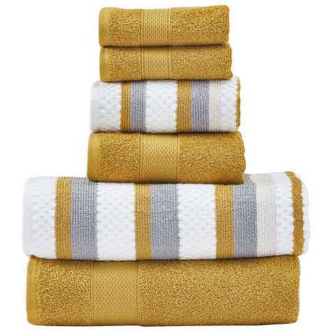 PRICES MAY VARY. Transform your bathroom into a spa-like oasis with our luxuriously soft jacquard towel set. Including one solid & one jacquard bath towel and hand towel, and two solid washcloths, our bathroom set is made from 100% yarn-dyed highly absorbent cotton. Crafted with a 550 GSM combed-cotton, our bath towel set is designed to quickly absorb water from your skin after a long bath. Affordable and long-lasting, our bath set provides access to the kind of luxury towels you use to only exp Striped Towels, Luxury Towels, Bathroom Towel, Cotton Bath Towels, Jacquard Pattern, Linen Towels, Bath Towel Sets, Cotton Towels, Towel Rack