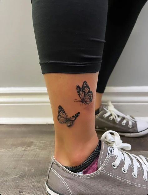 Butterfly Tattoo On Leg For Women, Ankle Tattoo Butterfly, Monarch Butterfly Tattoo Black And White, Butterfly Tattoo On Foot, Butterfly Tattoo Ankle, Butterfly Ankle Tattoo, Butterfly Foot Tattoo, Butterfly Ankle Tattoos, Calf Tattoos For Women