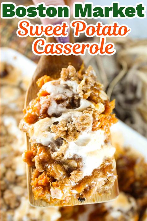 This Copycat Boston Market Sweet Potato Casserole is a delicious combination of sweet potatoes, molasses, vanilla, marshmallows, and topped with a brown sugar streusel. It will quickly become a family favorite! via @foodhussy Calico Potatoes Recipe, Sweet Potato Casserole With Marshmallows And Streusel, Molasses Sweet Potatoes, Sweet Potato Casserole With Marshmallows Streusel, Copycat Boston Market Sweet Potatoes, Sweet Potato Boston Market Recipe, Boston Market Sweet Potatoes, Sweet Potato Casserole Boston Market, Golden Corral Sweet Potato Casserole