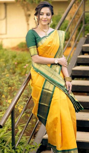 Ready, Set, Haldi: 20 Stunning Dresses for the Perfect Look Yellow Silk Saree, Athulya Ravi, Ceremony Outfit, Haldi Ceremony Outfit, Bridal Lehenga Designs, Latest Model Blouse Designs, Green Border, Saree Designs Party Wear, Yellow Saree