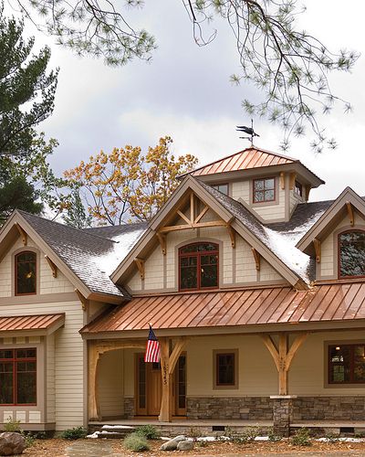 House with regular shingle roof and select roof details done in copper. The copper will tarnish and turn green over time, which gives it a distinctive look. Copper Roof, Metal Roof, Timber Frame, Roof, Copper, Trim, Frame, Wood