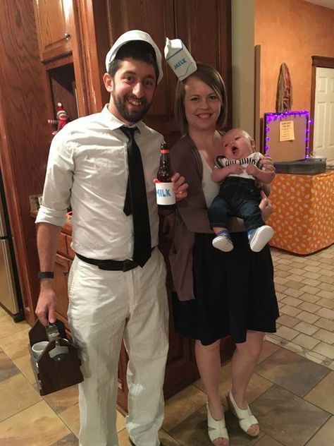 Babys first Halloween. #milkman #gotmilk #housewife Milkman Costume, Milk Costume Women, Milk Maid Dress Costumes, Milkman And Housewife Costume, Call The Midwife Costume, Pregnant Housewife Costume, Milk Man, First Halloween, Holiday Inspiration