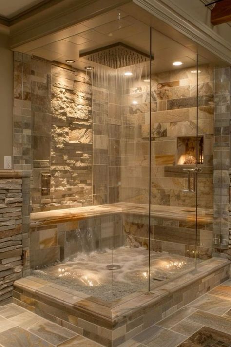 Vacation House Bathroom, Stone Freestanding Tub, Home Spa Bathroom Steam Room, Stone Room Ideas, Spa House Ideas, Cave Shower Ideas, Dream Spa Bathroom, Bathroom With Two Showers, Large Shower No Door