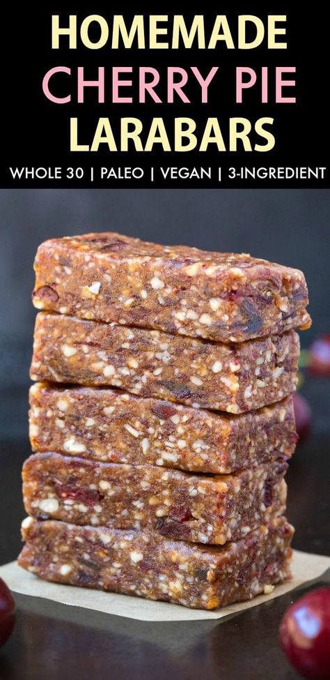 Homemade Cherry Pie Larabars (Whole30, Paleo, Vegan, Gluten Free) These homemade Larabars are cheaper than store-bought and take minutes to whip up! Made with just 3 Ingredients and whole30 approved! (vegan, whole 30, dairy free, refined sugar free)- #whole30 #vegan #whole30approved | Recipe on thebigmansworld.com Vegan Whole 30, Homemade Larabars, Homemade Cherry Pie, Cherry Pie Bars, Homemade Cherry Pies, Cherry Pies, Whole30 Vegan, Coconut Dessert, Energy Ball Recipe