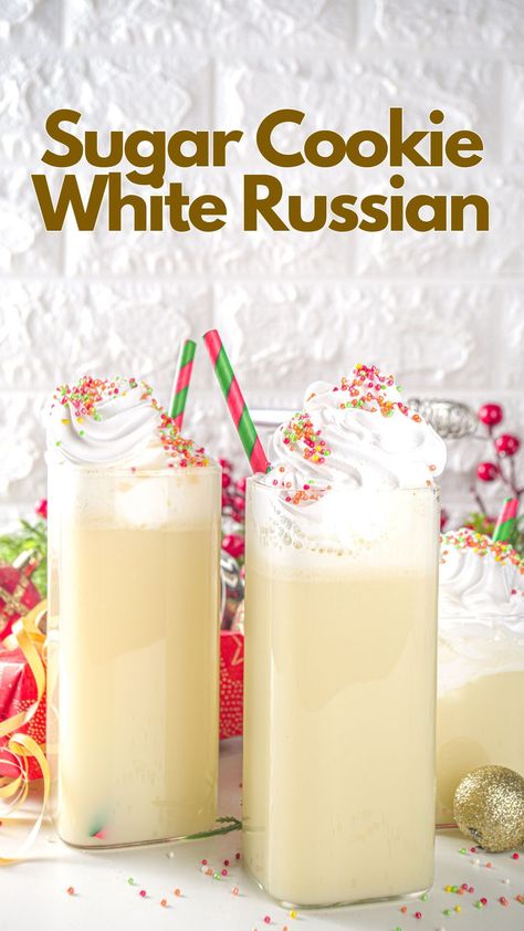 Spend the rest of the holidays with a Sugar Cookie White Russian. This sweet twist on the classic cocktail includes vodka, coffee liqueur, and cream, flavored with vanilla and sprinkled with sugar, mimicking the beloved holiday treat. #SugarCookieWhiteRussian Creamy Cocktail Recipes, Christmas White Russian, Christmas Cookie Cocktail, Christmas Cocktails Vodka, Christmas Vodka, Classic Vodka Cocktails, Cocktails Made With Vodka, Classic Holiday Desserts, Dessert Cocktails