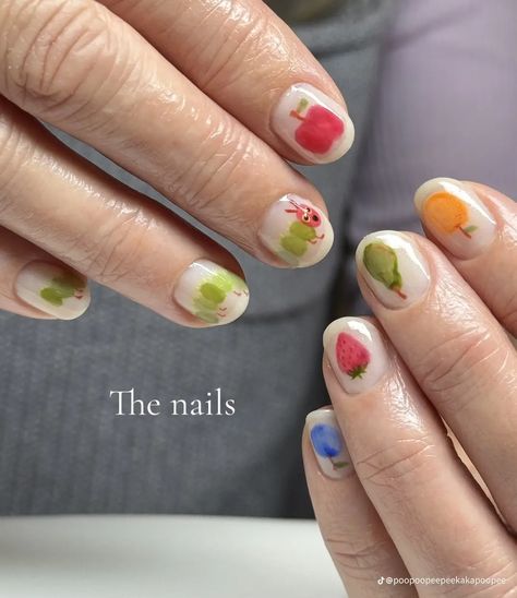 Fish Design Nails, The Very Hungry Caterpillar Nails, Short Fruit Nails, Pear Nails, Hungry Caterpillar Nails, Short Nail Inspired, Caterpillar Nails, Funky Short Nails, Silly Nails