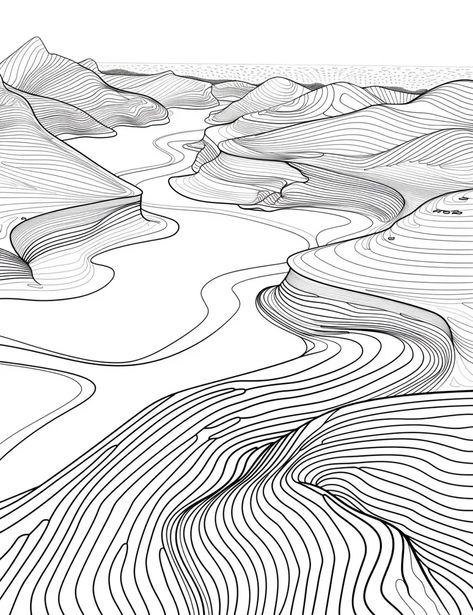 The image is a black and white line drawing of a river flowing through a canyon. The river is in the foreground, and the canyon walls are in the background ->> more details in ai-img-gen.com Rivers Drawing, Foreground Drawing, Water Lines Drawing, River Design, Water Line Drawing, River Doodle, Landscape Line Art, Black And White Landscape Drawing, Landscape Line Drawing