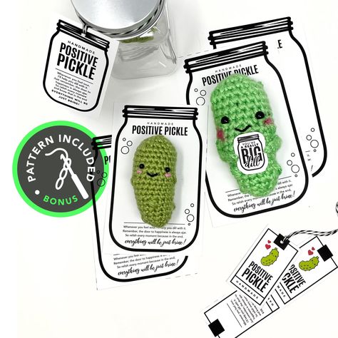 PRINTABLE Positive Pickle tags - Digital PDF - BONUS Crochet Pattern Included Crochet Emotional Support, Jar Tags, Mini Jars, Straight Edges, Jar Labels, Printable Tags, Crochet Basics, Photo Design, Display Cards