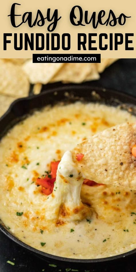 Homemade Queso Fundido is a delicious melted cheese dip. Make your favorite queso dip at home with these simple ingredients. Serve this dip on Taco Tuesday or for an easy appetizer with all your Mexican dishes. #eatingonadime #quesofundid #quesodip Mexican Cheese Sauce, Melted Cheese Dip, Queso Fundido Recipe, Fundido Recipe, Homemade Queso, Cheese Dip Mexican, Recipes With Mozzarella Cheese, Eating On A Dime, Queso Dip Recipes