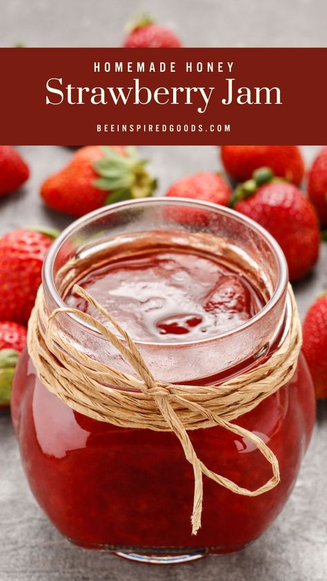 This Honey Strawberry Jam recipe is a fantastic way to use and store the summer strawberry harvest. Homemade strawberry jam is a perfect way to use up leftover fruit and make it last throughout the year! Alternatively, you can make freezer jam to preserve the freshness and natural goodness of the strawberries without cooking them. Open up a jar of summer sunshine in the dead of winter. This is exactly the reason why jam was invented. Strawberry Vanilla Jam, Strawberry Jam Recipe With Honey, Strawberry Honey Jam, Honey Strawberry, Strawberry Harvest, Strawberry Honey, Honey Jam, Strawberry Jam Recipe, Homemade Strawberry Jam