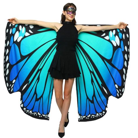 EONGERS Halloween Costume Butterfly Wings Shawl Double-Sided Printing Butterfly Fairy Ladies Costume Accessory (Double Sided Blue) Halloween Butterfly, Antenna Headband, Adult Fairy Costume, Butterfly Wings Costume, Party City Costumes, Cape For Women, Spring Butterfly, Butterfly Costume, Black Halloween Dress