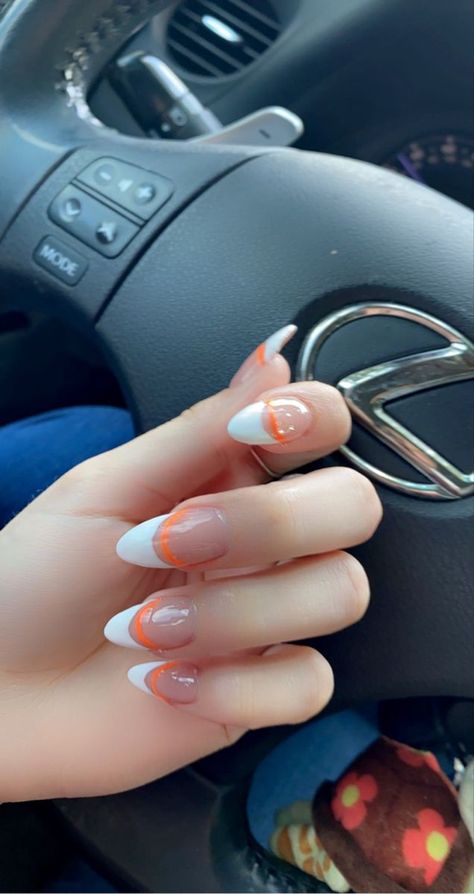 Nails For Orange Outfit, White And Orange French Tip Nails, Orange Prom Nails Short, White Nails With Orange Design, Fall Break Nails, Orange Accent Nails, Tennessee Orange Nails, White And Orange Nails Acrylic, White Nails With Orange