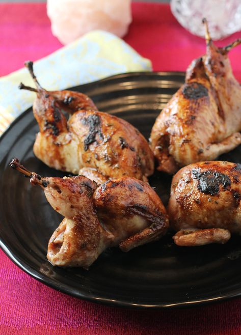 A sticky-sweet, tangy glaze gets brushed all over these tender quail. Roasted Quail Recipes, Easy Quail Recipes, Whole Quail Recipes, Smoked Quail Recipes, Bbq Quail Recipes, Baked Quail Recipes, Roast Quail Recipes, Quail Food, Stuffed Quail