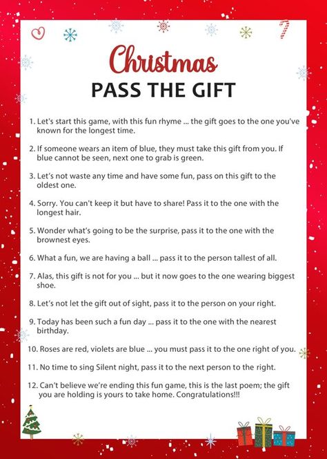 Christmas Pass the Gift | Holiday Party Games Printable Christmas Candy Pass Game, Christmas Unwrapping Gift Game, Christmas Games Pass The Gift, Christmas Unwrapping Game, Pass The Present Game Christmas For Kids, Christmas Pass The Gift Poem, Pass The Bow Christmas Game, Christmas Pass The Parcel, Christmas Pass The Parcel Game