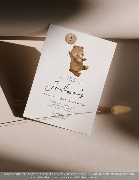 Neutral Bear Birthday Invite Editable, Teddy Bear 1st Birthday Invitation Someone Beary First Birthday Bear Balloon Template [11412149] Beary First Birthday Invitation, Bear 1st Birthday Party Boy, One Bear Birthday, Little Bear Birthday Party, First Birthday Invitations Boy, Beary First Birthday Boy, Bear Birthday Theme, Teddy Bear Invitations, Bear Birthday Invitations