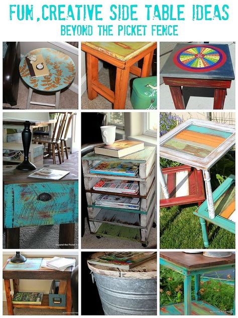 Incredibly fun and whimsical side tables! See more details here... Diy Furniture Covers, Old End Tables, Mirror Repurpose, End Table Makeover, Side Table Makeover, Upcycle Furniture, Diy End Tables, Cool Tables, Table Makeover