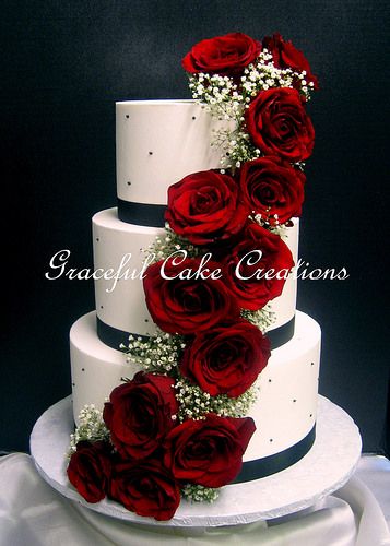 Elegant White Butter Cream Wedding Cake with Black Ribbon … | Flickr Wedding Cakes Red, Butter Cream Wedding Cake, Red Rose Wedding Cake, Cream Wedding Cake, Big Roses, Cream Wedding Cakes, Colorful Wedding Cakes, Wedding Cakes Elegant, Red And White Weddings