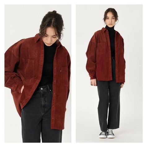 Oversize Corduroy Jacket, 1990s Grunge Fashion Women, Maroon Corduroy Jacket Outfit, Layering Pieces Clothes, Oversized Corduroy Shirt Outfit, Oversized Corduroy Jacket Outfit, Corduroy Shirt Outfit Women, Coudroy Jacket Outfits, Brown Corduroy Jacket Outfit