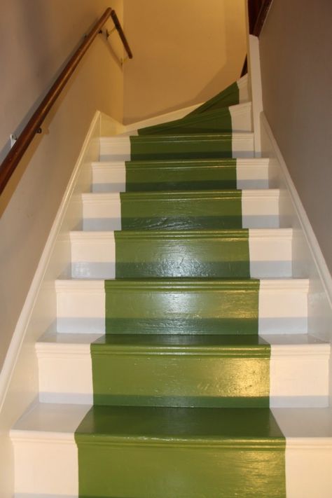 green painted stairs via preciousblood cps org 682x1024 Take A Chance On Your Stairs Painting Wooden Stairs, Under Basement Stairs, Stairs Painted, Hallway Paint Colors, Basement Steps, Basement Stairs Ideas, Hallway Paint, Painted Staircases, Porch Paint