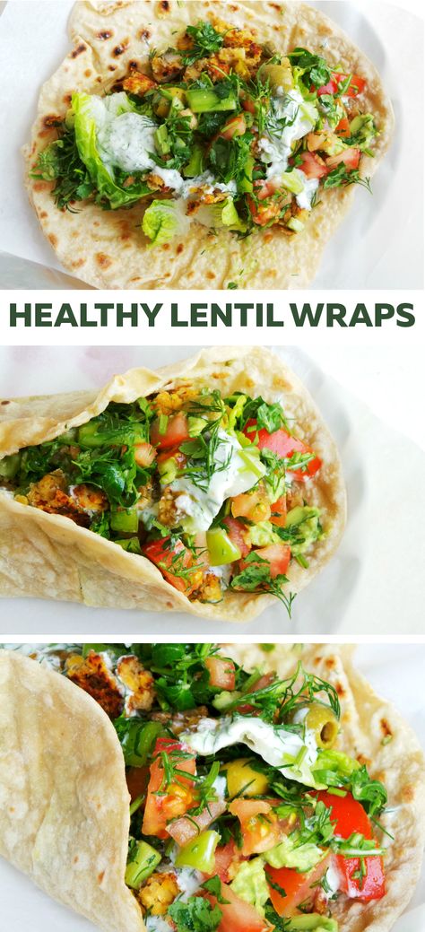 Healthy vegetarian/ vegan lentil wraps! These lentil wraps are so delicious - perfect for a meatless, vegetarian or vegan dinner! 150 Calorie Snacks, Lentil Wraps, Burger Vegetarian, Sandwich Vegetarian, Wraps Recipes Healthy, Healthy Wraps, Lentil Recipes, Monkey Bread, Delicious Vegetarian