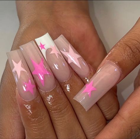 Star Coffin Nails, Pink Star Nails, Nails Y2k, Simple Gel Nails, Simple Acrylic Nails, Glow Nails, Acrylic Nails Coffin Pink, Long Square Acrylic Nails, Unique Acrylic Nails