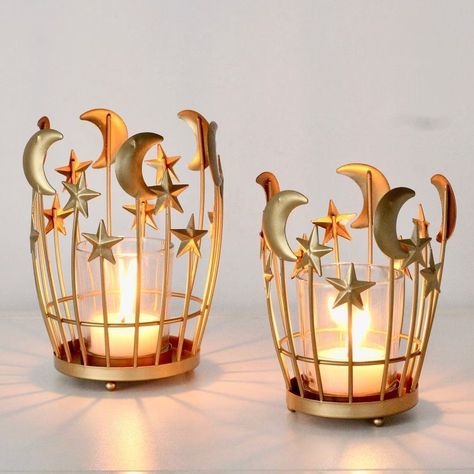 Add a warm glow to your tables with these celestial votive candle holders. Handmade of metal, these whimsical tea light holders come in two sizes. Moon Centerpiece Ideas, Whimsical Celestial, Sweetheart Table Backdrop, Reception Accessories, Wedding Reception Accessories, Wedding Cake Plates, Elegant Wedding Ideas, Midnight Masquerade, Night Wedding Decor