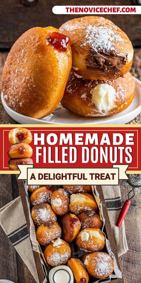 Made from scratch, these easy Homemade Filled Donuts are made with an old-fashioned enriched dough that’s lightly sweet, fluffy, and pillowy. With three choices of filling - cheesecake, jelly, Nutella, oh my! - there’s something for everyone. Chocolate Filled Doughnut Recipe, Yeast Raised Donuts Recipe, Cheesecake Filled Donut, Filling For Donuts Recipes For, Easy Homemade Donuts Recipe No Yeast, Doughnut Filling Ideas, Easy Doughnut Holes, Homemade Yeast Donuts Recipe, Creme Filled Donut Recipe