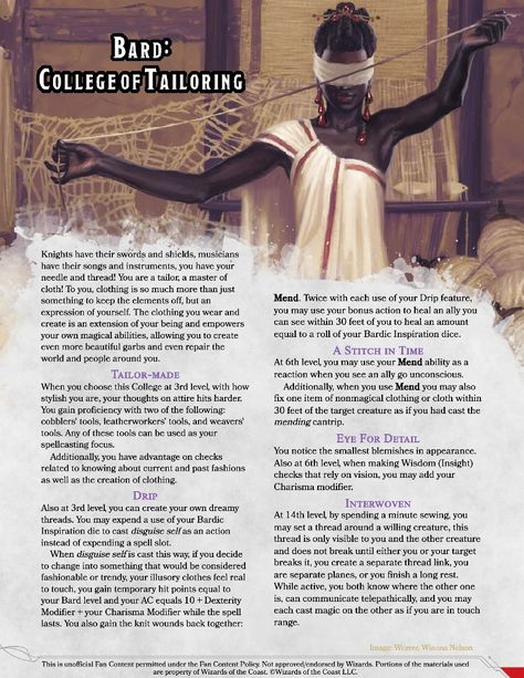 (Raveller) Bard (College Of Tailoring) Dnd Notes, Outer Gods, Dnd Subclasses, Dnd Bard, Dnd Homebrew, D D Classes, Bard College, Dnd Classes, Dnd Ideas