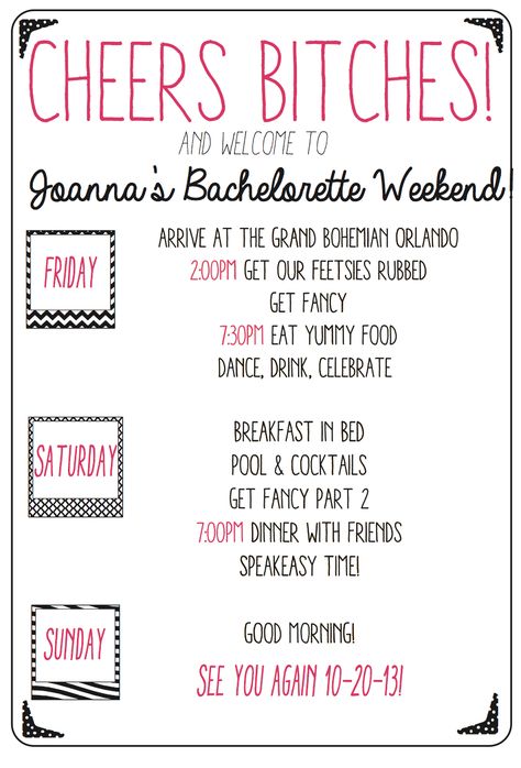 Custom bachelorette weekend agenda! Keep your girls in line and on time with this fun party agenda. All colors and details are customizable! Party Agenda Template, Bachelorette Party Itinerary Template, Itinerary Template Free, Party Schedule, Party Agenda, Hen Night Ideas, Bachelorette Party Itinerary, Moh Duties, Bachelorette Itinerary