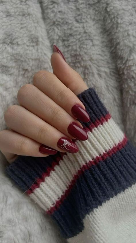 Red Almond Shaped Nails, Nail Deisgn, Cherry Wine Nails, Nails Bow, Red Almond, Elegant Touch Nails, Engagement Nails, Wine Nails, Maroon Nails